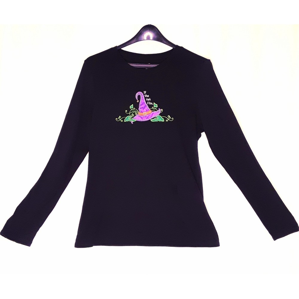 💎Halloween Black Witch Hat Patchwork Graphic Tee Size Juniors Large 12/14